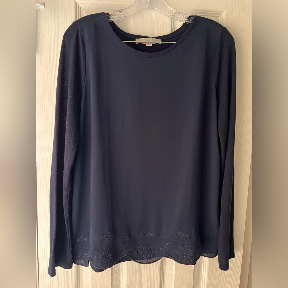 Loft Long-Sleeve Navy Shirt with lace and scallop